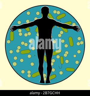 Vector silhouette man on the background of a round shape with a lot of viruses and bacteria. Symbol of disease and coronavirus. Stock Vector