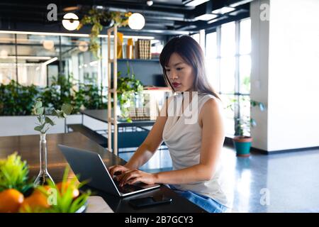 Asian woman working on her laptop in modern coworking zone Stock Photo