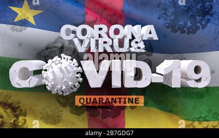 Coronavirus disease COVID-19 infection concept on waving national flag of Central African Republic. Waved highly detailed close-up 3D render. Stock Photo