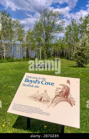 Sign at the Beothuk Interpretation Centre Provincial Historic Site at Boyd's Cove, Newfoundland. Stock Photo