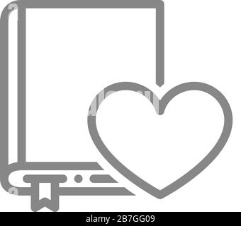 Love diary line icon. Heart with book, love stories, like, feedback symbol Stock Vector