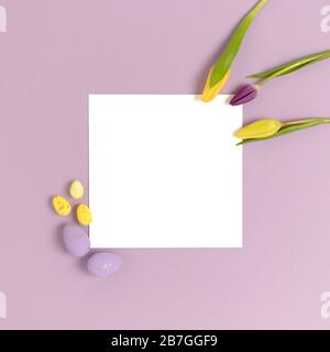 Top view of easter colorful eggs and flowers on a purple background. Holiday concept with paper card mockup. Stock Photo