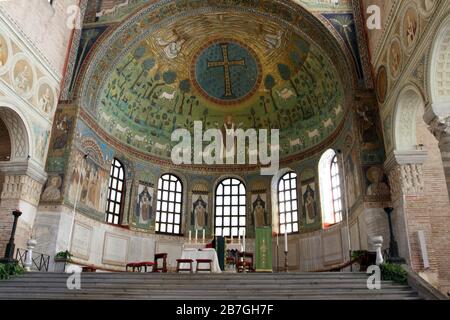 Ravenna, Italy - September 12, 2015: The apse mosaic with the face of Christ in the Basilica of Sant'Apollinare in Classe Stock Photo
