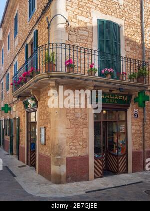 Santani, Spain - May 23, 2019: Beautiful facade of old farmacia vidal munar building in Santanyi on the balearic island of Majorca (Mallorca), Spain Stock Photo