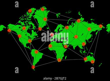 Illustration to show the worldwide spread of an infection or infectious disease or virus across the whole world, during an epidemic or pandemic. Stock Photo