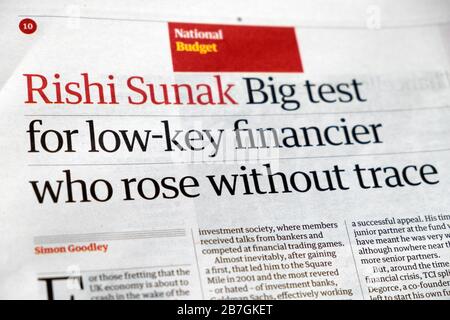 'Rishi Sunak' Big test for low-key financier who rose without trace' Guardian newspaper headline after 2020 British government  budget in London UK Stock Photo