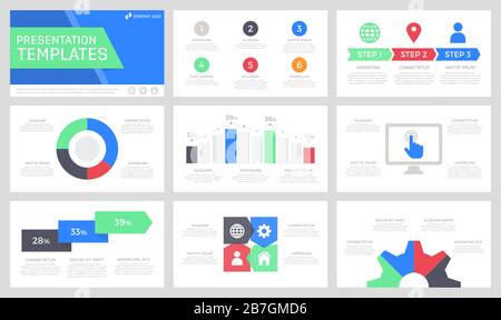 Set of dark grey, blue, green and red elements for multipurpose presentation template slides with graphs and charts. Stock Vector