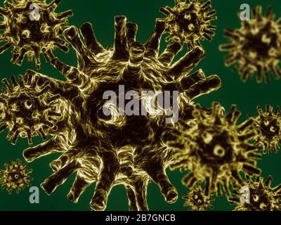 3D rendering og microscopic image of deadly coronavirus particles Stock Photo