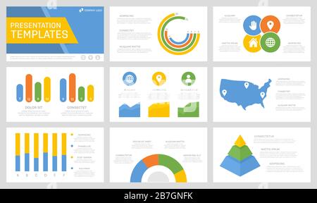 Set of blue, orange, green and yellow elements for multipurpose presentation template slides with graphs and charts. Stock Vector