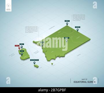 Stylized map of Equatorial Guinea. Isometric 3D green map with cities, borders, capital Malabo, regions. Vector illustration. Editable layers clearly Stock Vector
