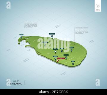 Stylized map of Sri Lanka. Isometric 3D green map with cities, borders, capital, regions. Vector illustration. Editable layers clearly labeled. Englis Stock Vector