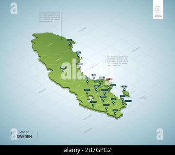Stylized map of Sweden. Isometric 3D green map with cities, borders, capital Stockholm, regions. Vector illustration. Editable layers clearly labeled. Stock Vector