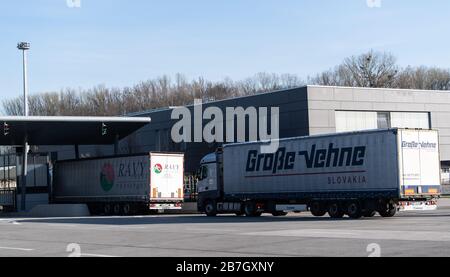 Freiburg, Germany. 16th Mar, 2020. Two trucks enter Germany at the border crossing on the A5 motorway. From 8 a.m. on, travel between Germany and Switzerland will be subject to tight controls due to the corona virus. Credit: Patrick Seeger/dpa/Alamy Live News Stock Photo