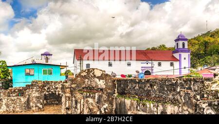 View of Black Christ Church,Translation of the inscription above the doors, Live Jesus Nazareno, or the Iglesia de San Felipe in Portobelo, Panama, Stock Photo