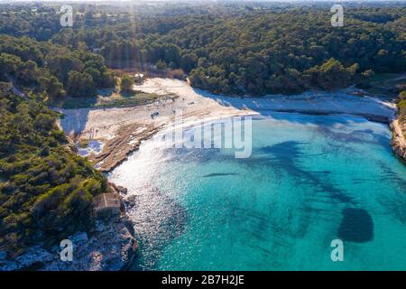 Sandy beach beach s'Amarador, Mondrago Natural Park, near Santanyi, aerial photo, Migjorn region, Mediterranean Sea, Majorca, Balearic Islands, Spain Stock Photo