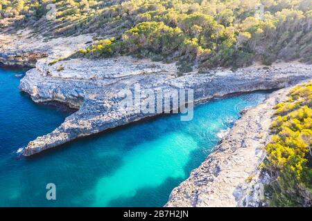 Calo d'en Perdiu, Mondrago nature park Park, near Santanyi, aerial view, Migjorn region, Mediterranean Sea, Majorca, Balearic Islands, Spain Stock Photo