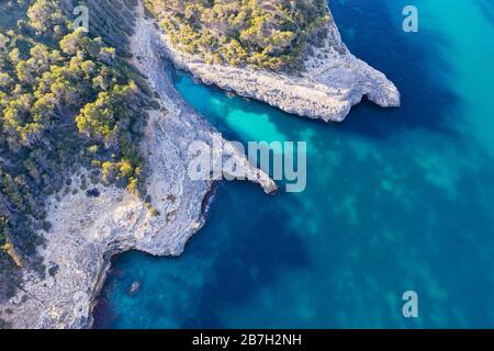 Calo d'en Perdiu, Mondrago nature park Park, near Santanyi, aerial view, Migjorn region, Mediterranean Sea, Majorca, Balearic Islands, Spain Stock Photo