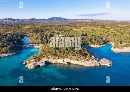 Calo d'en Garrot and Calo des Borgit, Mondrago Natural Park, near Santanyi, aerial view, Migjorn region, Mediterranean Sea, Majorca, Balearic Stock Photo