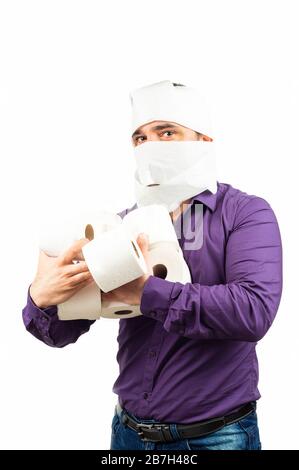 Man in shirt  with Toilet Paper  Isolated on the White Background Stock Photo