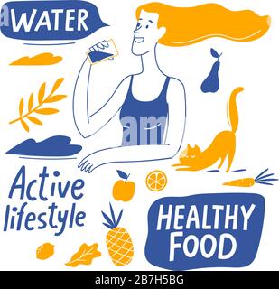 Healthy lifestyle motivational vector design with healthy food elements and woman. Stock Vector