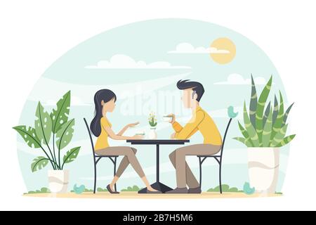 Man and woman drinking coffee outside. Modern flat concept for workspace, web, background and templates. Vector illustration with separate layers. Stock Vector