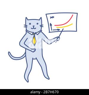 Business presentation vector illustration. Cat businessman shows success on annual fish sales graph. Happy business cat shows corporate annual report Stock Vector