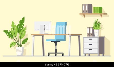 Modern office, interior design. Desk with Computer. Modern flat concept for workspace, web, background and templates. Vector illustration with separate layers. Stock Vector