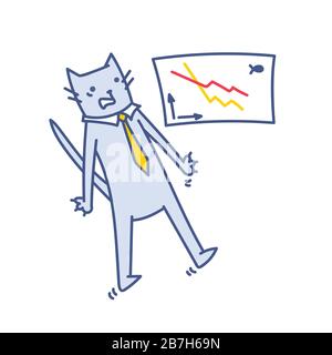 Bankruptcy business presentation vector illustration. Cat businessman shows drops on annual fish sales graph. Scared business cat shows annual report Stock Vector