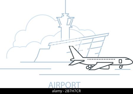 Airport terminal building and airplane on landing strip, icon of airport, line style Stock Vector