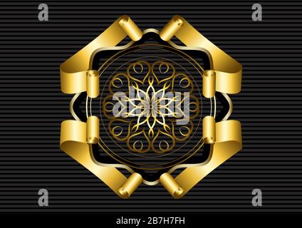 Golden calligraphic ornament with beads and a double round border framed by original swirling ribbons on black striped background Stock Photo