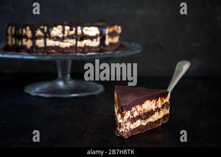 Slice and chocolate cake layers with butter-cream-nut cream with chocolate drips on a glass stand on a dark wooden background. Minimalism, Copy space Stock Photo