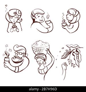 Set of vector hand drawing characters loving coffee. Set of icons illustration isolated on white background. Illustration of people drinking coffee. F Stock Vector
