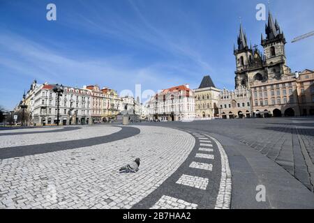 Prague, Czech Republic. 16th Mar, 2020. The Old Town Square in Prague, Czech Republic, without usual crowds of tourists is seen on March 16, 2020. The government has banned a free movement of people all over the Czech Republic due to the further coronavirus spread as of midnight on March 15 until 6:00, March 24. Credit: Vit Simanek/CTK Photo/Alamy Live News Stock Photo