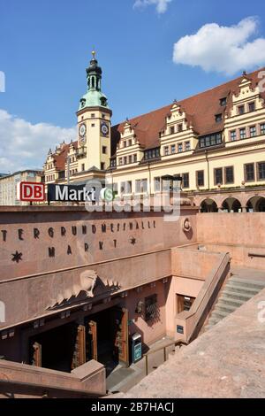 Leipzig, Germany 06-23-2019 market square and old city hall with the entry to the train station Stock Photo