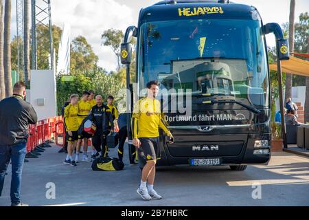 Marbella - January 11, 2020: players of Borussia Dortmund football club get off the bus Stock Photo