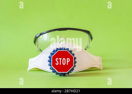 Protecting mask and glasses on the table and microscope virus close up,. Coronavirus concept Stock Photo