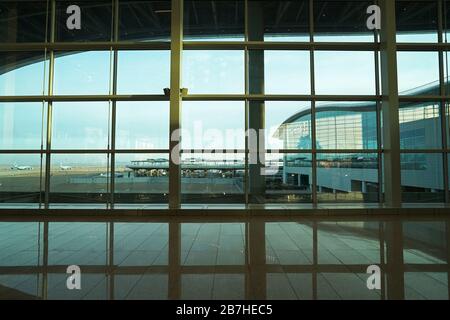 View of Incheon international airport runway and terminal from inside the gate- Seoul, South Korea Stock Photo