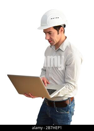 portrait isolated friendly architect with notebook on white background Stock Photo
