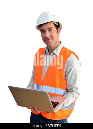 portrait isolated friendly architect with notebook on white background Stock Photo