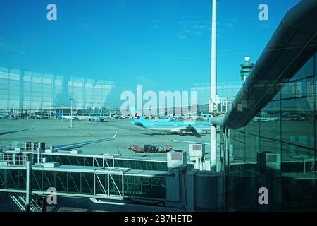 View of Incheon international airport runway Korean air airplanes and terminal from inside the gate Stock Photo