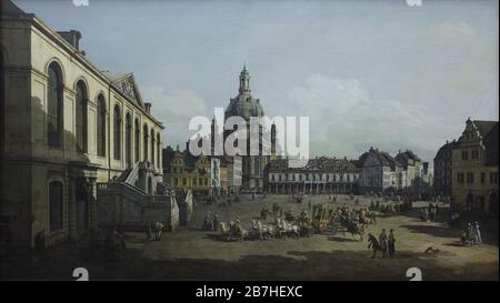 Painting 'New Market (Neumarkt) in Dresden as seen from the Jüdenhof' by Italian landscape painter Bernardo Bellotto also known as Canaletto (1748-1749). The Dresden Frauenkirche (Dresdner Frauenkirche) is depicted in the centre. The Johanneum Building, now used as the Dresden Transport Museum (Verkehrsmuseum Dresden) is depicted at the left. In the state carriage drawn by six horses is depicted Elector Friedrich August II also known as King Augustus III of Poland. Stock Photo