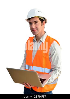 portrait isolated friendly architect with notebook on white background Stock Photo