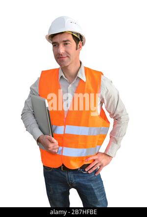 portrait isolated friendly architect with notebook on white background Stock Photo