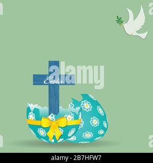 Wooden Blue Cross With Easter Decorative Text Coming Out From Broken Decorated Easter Egg With Yellow Bow And Ribbon Over Light Green Background With Stock Vector