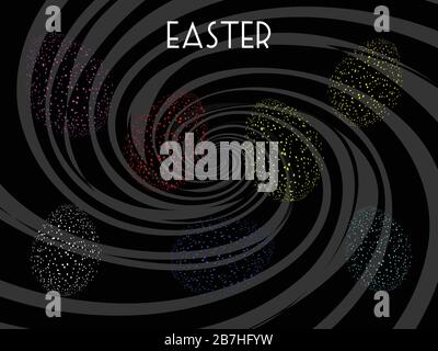 Abstract Neon Fluorescent Easter Eggs Over Black Background With Tone On Tone Lighter Black Spiral And Decorative White Easter Text Stock Vector