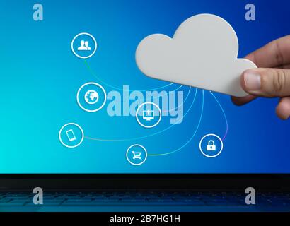 Cloud computer technology concept, with focus on security, digital data storage, remote user access, online shopping and mobile device file sharing - Global business cyberspace network infrastructure Stock Photo