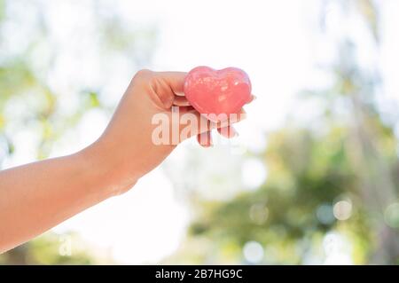 Hand of diverse Asian woman holding pink heart in bright, afternoon sun outdoors with green tree nature bokeh and copy space - healthy lifestyle, relationships and health insurance concept Stock Photo