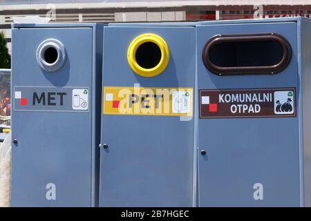 Waste recycling concept. Containers for further processing of garbage in Croatia. Separate garbage collection. Stock Photo