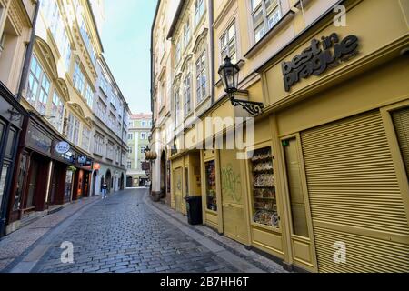 Prague, Czech Republic. 16th Mar, 2020. The Karlova (Charles) Street in Prague, Czech Republic, without usual crowds of tourists is seen on March 16, 2020. The government has banned a free movement of people all over the Czech Republic due to the further coronavirus spread as of midnight on March 15 until 6:00, March 24. Credit: Vit Simanek/CTK Photo/Alamy Live News Stock Photo
