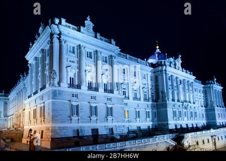 A night view of Palacio Real (Royal Palace) at Plaza de Oriente, Madrid, Spain Stock Photo